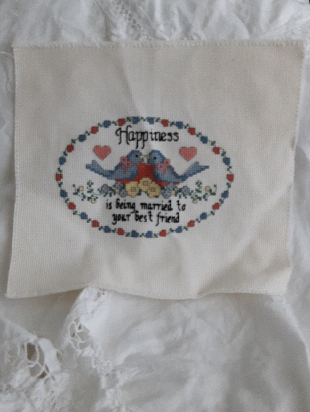 Handcrafted Cross-Stitch Wedding Wall Art - Blue and Red Love Birds